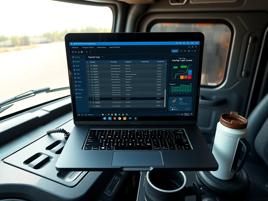 Hot shot owner-operator booking a load on a laptop load board from the cab of a dually pickup