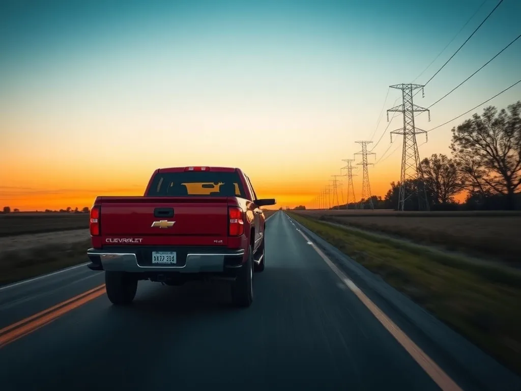Dually pickup truck driving empty on a rural highway with no trailer attached at sunset