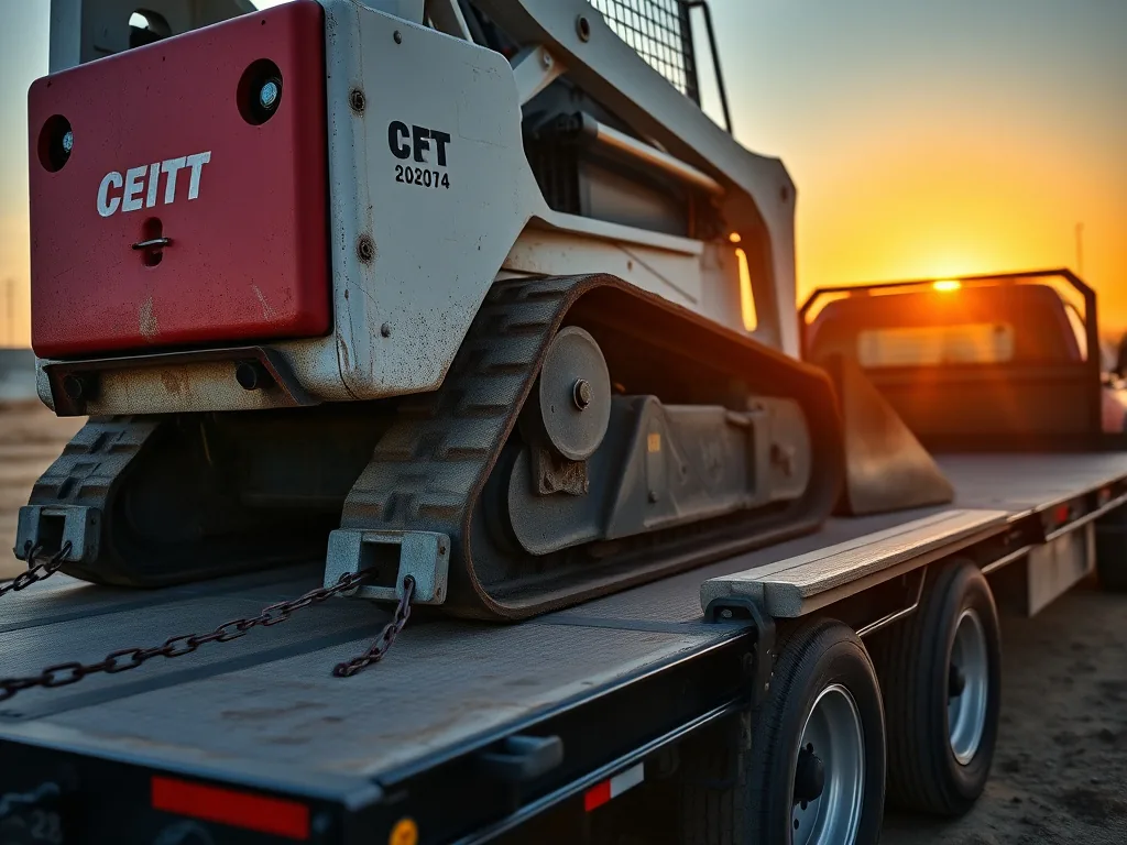 Skid steer strapped and chained to a hot shot gooseneck flatbed trailer ready for transport
