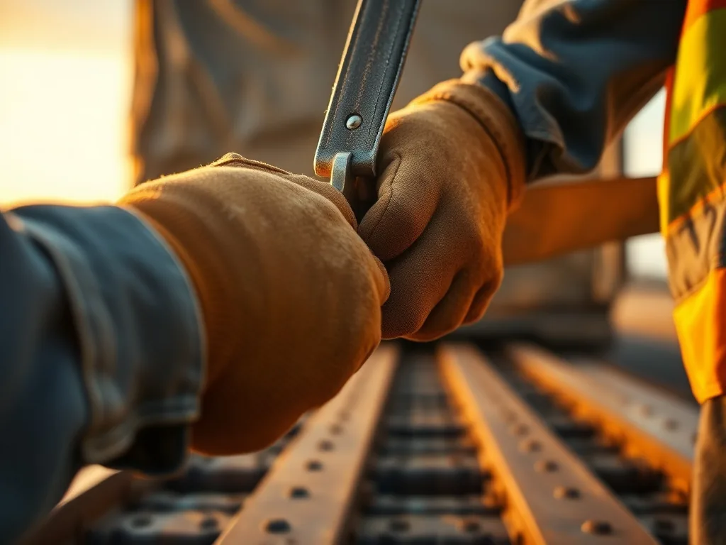 Hot shot driver cranking a strap binder while securing equipment on a 40-foot gooseneck trailer