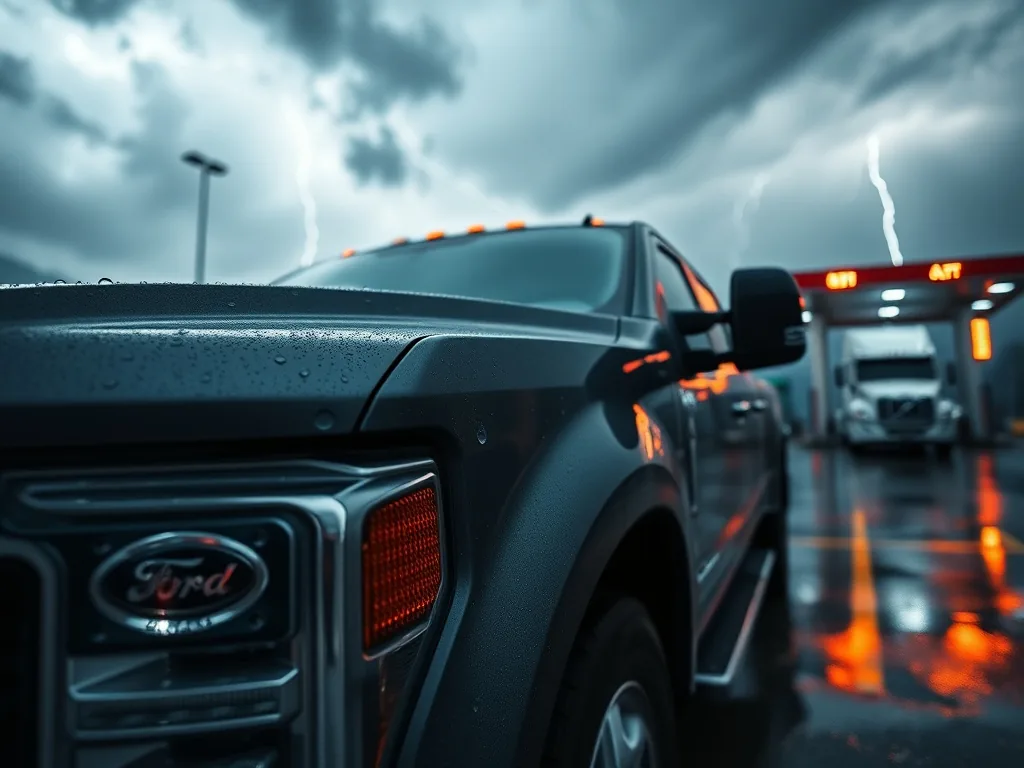 One-ton dually pickup and gooseneck flatbed trailer parked at a truck stop under storm clouds