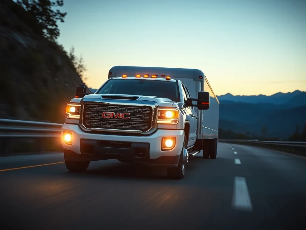 Hot shot dually pickup pulling a loaded 40-foot gooseneck trailer down an interstate highway